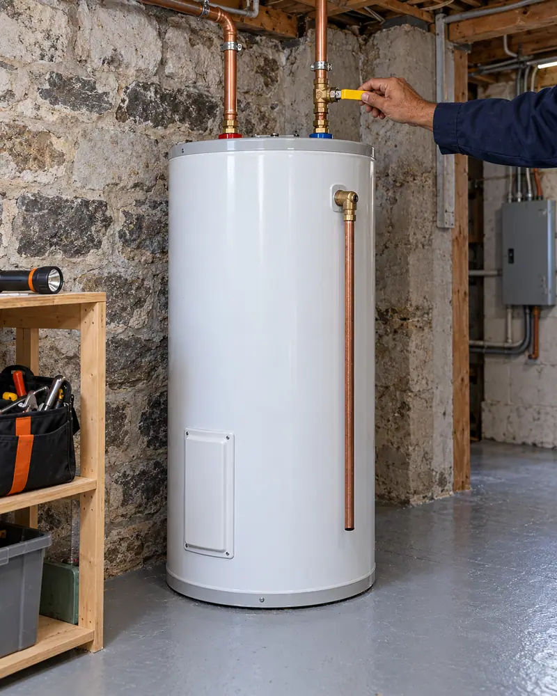 La main d’un plombier vérifie la valve d’un chauffe-eau dans un sous-sol.