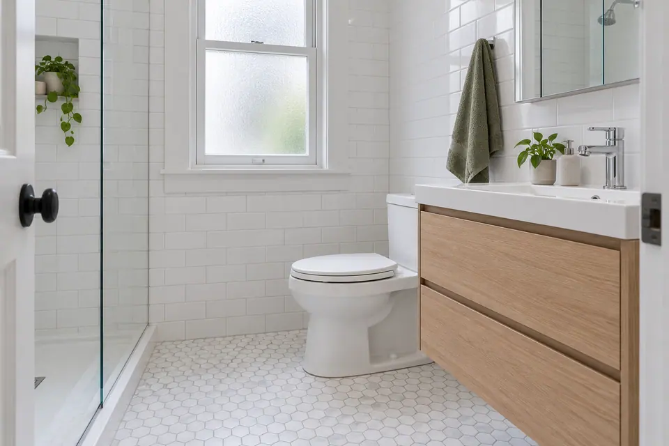 Une petite salle de bain avec carreaux blancs, vanité en bois et douche vitrée.